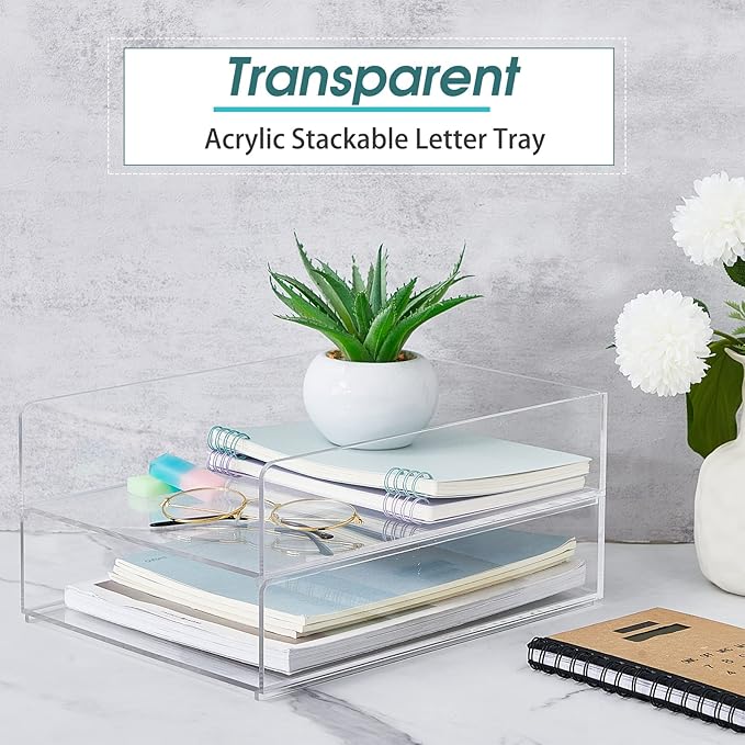 Yulejo 2 Pcs Acrylic Desk Organizers and Accessories Tier Paper File Organizer Tray Stackable Document Clear Desk Accessories for Office Workspace Organization (12.01 x 9.25 x 2.68 Inch)