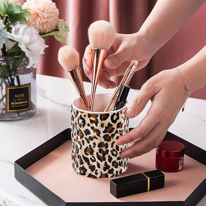 Jwest Pen Holder, Makeup Brush Holder Ceramic Shiny Gold Leopard Cheetah Pattern Animal Pencil Cup for Girls Women Durable Stand Desk Organizer Storage Gift for Office, Classroom, Home Light Brown