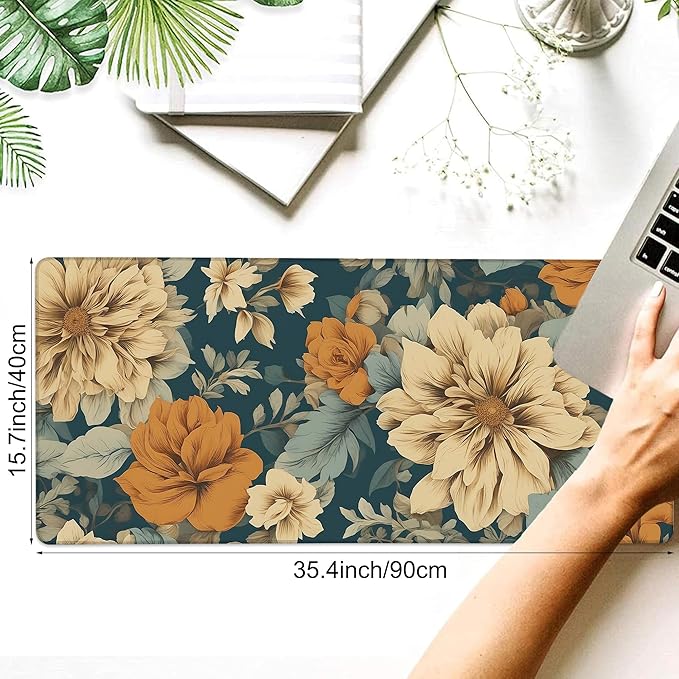 Desk Pad, Vintage Aesthetic Flower XXL Gaming Mouse Pad with Stitched Edges,Non-Slip Waterproof Rubber Base Large Desk Mat for Keyboard and Mouse 35.4"x15.7"