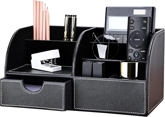 KINGFOM Pu Leather Desk Organizer Pen Pencil Holder Office Supplies Caddy Storage Box 6 Compartments with Drawer Black