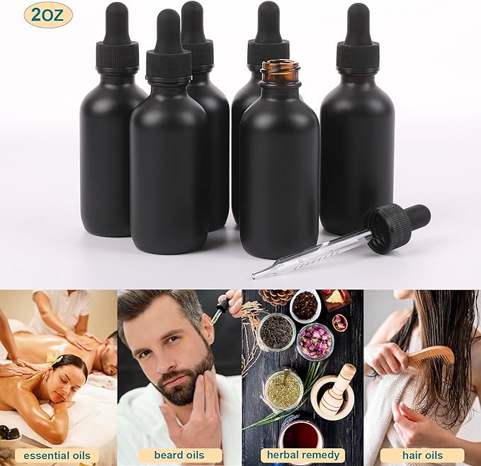 2oz Glass Dropper Bottle,Preety Texture Tincture Bottles with Precise Scales Eye Droppe,for All Kinds Of Mixed Liquids,Leak-Proof Design for Easy Travel (Black Frosted-24Pack)