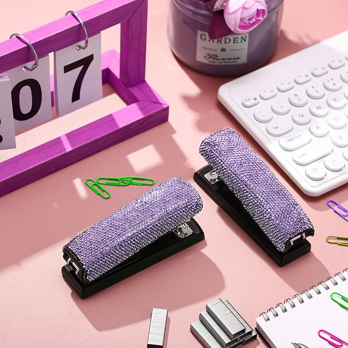Yexiya Bling Crystal Stapler Gift Sparkly Diamond Stapler for Desk Handmade Clay Rhinestone Machine Pretty Office Stationery Kit Stylish Accessory for Women Lady Christmas(Purple)