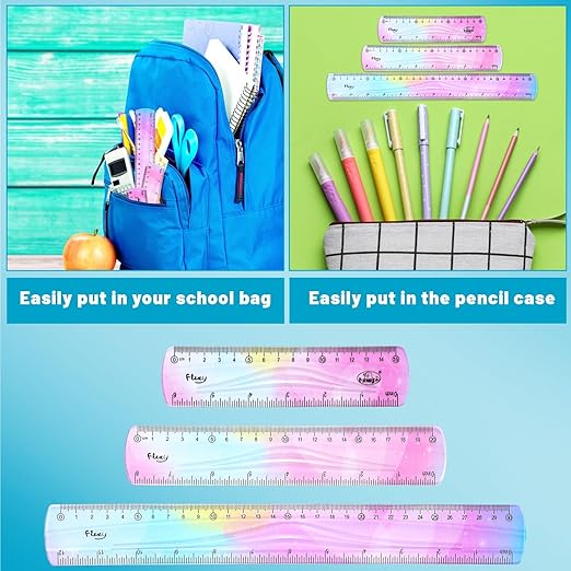 3 Pieces Flexible Ruler, Mabor Plastic Ruler 6inch 8inch 12inch Shatterproof Straight Edge Soft Bendable Rulers for Kids Classroom Office Home Supplies