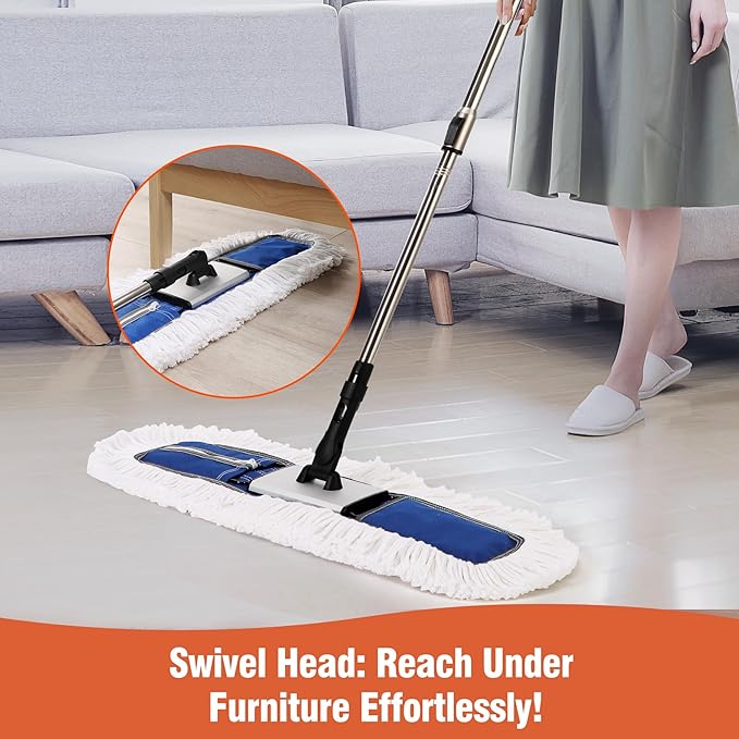 CLEANHOME 24" Heavy-Duty Commercial Dust Mop for Hardwood Floors & Large Areas - with 2 Microfiber Pads, Reinforced Telescoping Handle for Stable Cleaning in Homes, Garages & Commercial Spaces