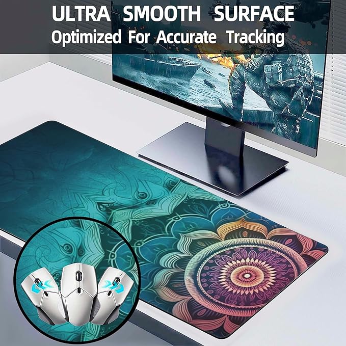 Desk Mat, Vintage Mandala Flowers Extended Large Gaming Mouse Pad XXL, Non-Slip Rubber Base Stitched Edges Long Computer Keyboard Desk Pad Mouse Mat for Home Office Gaming 35.4"X15.7"
