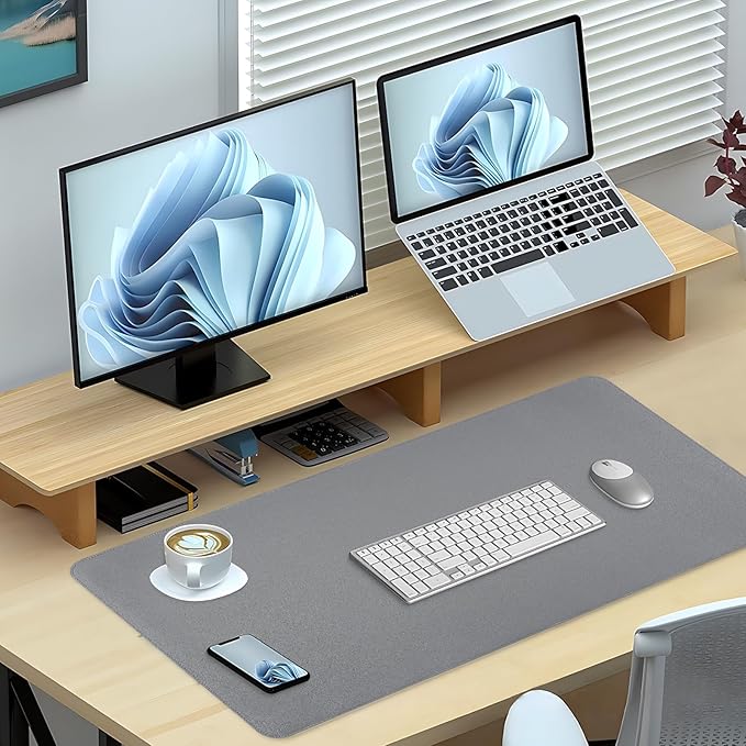 Dual-Sided Desk Pad, Large Mouse Pad, Natural Cork & PU Leather Non-Slip Waterproof Desk Mat for Office and Home (Gray, 31.5" x 15.7")