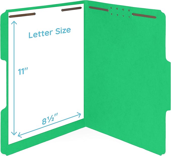 50 Green Fastener File Folders - 1/3 Cut Reinforced Assorted Tab - Durable 2 Prongs Designed to Organize Standard Medical Files, Law Client Files, Office Reports - Letter Size, Green, 50 Pack