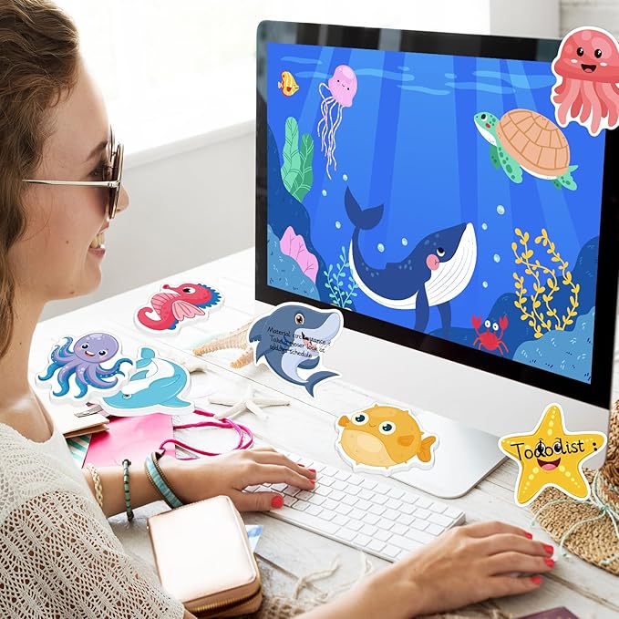 600Pcs Ocean Animal Sticky Notes, Cute Turtles Crabs Jellyfish Fish Sticky Notes Sea Animal Sticky Notepad Under The Sea Self Sticky Memo Pads for Ocean Party Favors Home Office School Supplies
