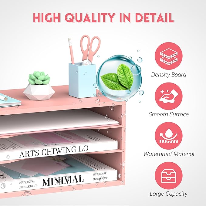SUPEASY Wood Desk Organizer, 3 Tier Paper File Organizer for Desk, Wooden Desktop Organizer, Paper Letter Literature Mail Sorter, for Office School & Home Organization, Pink