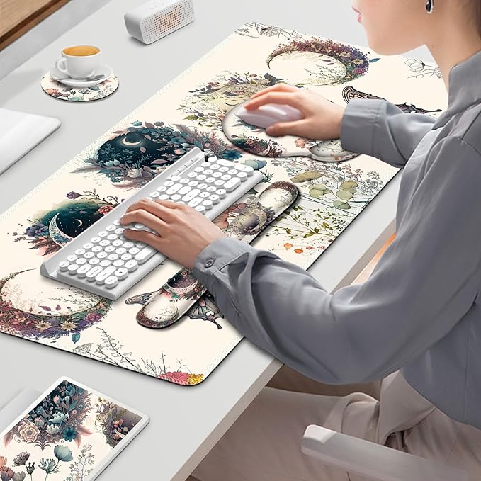Large Desk Mat, Cute Boho Plants Mouse Pad, Apricot Desk Pad, XXL Mousepad + Keyboard Wrist Rest+Mouse Wrist Rest+Coaster Desk Pad for Girl Women Home Office Decor Aesthetics, Floar Butterfly Moon