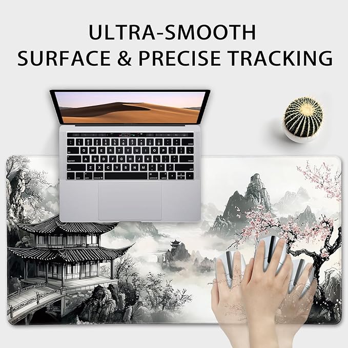 Japanese Black and White Cherry Blossoms Large Gaming Mouse Pad 31.5"x15.7"｜XXL Desk Mat, Non-Slip Rubber Base & Stitched Edges - Extended Mousepad for PC/Laptop/Office/Home Decor