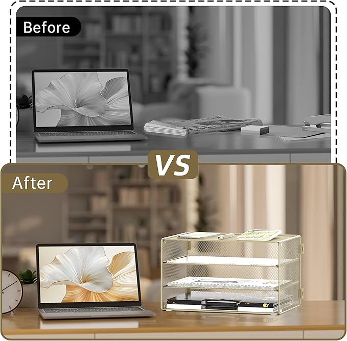 DALTACK 3 Tier Letter Tray Paper Organizer Mesh Metal Desk File Organizer for Home & Office, Golden Yellow