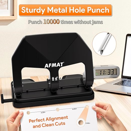 AFMAT HP20 Heavy Duty 3 Hole Punch, 50-Sheet Capacity, 60% Reduced Effort Three Hole Puncher for Binder, 10K+ Uses, Large Chip Tray, Adjustable Paper Guide, Office Metal Paper Puncher 3 Ring, Black