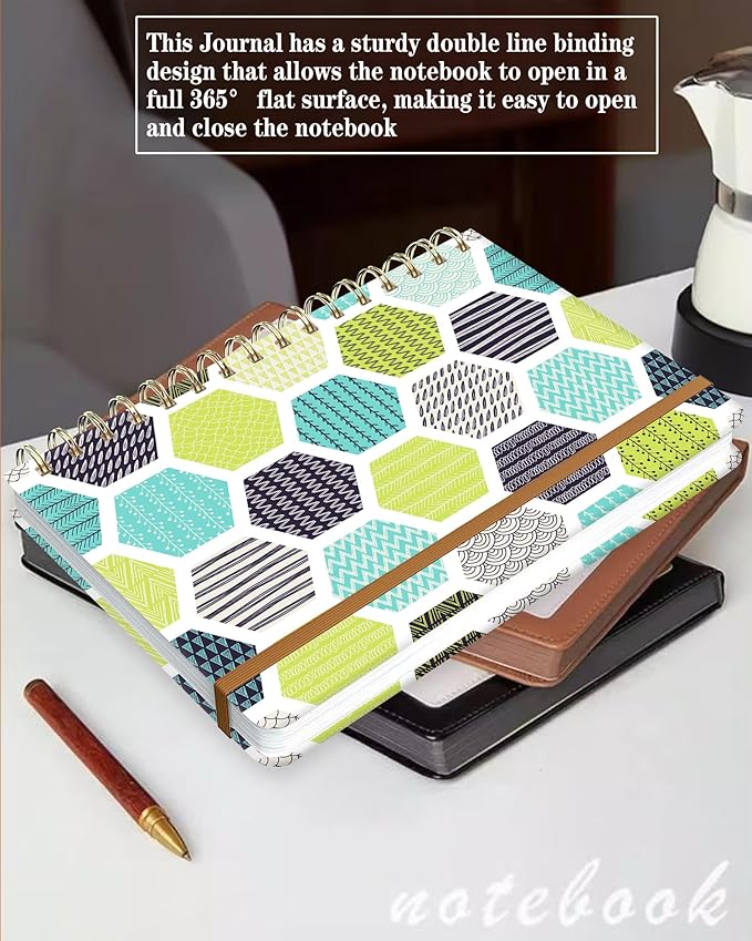 WLPFSAHF Spiral Journal Notebook for Women, Hardcover A5 College Ruled Notebook, 120 Pages, Thick Paper, Cute Lined Journal for School, Office & Work, 6 x 8.4 in(Green Geometric)