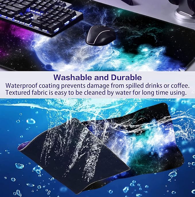 Large Extended Gaming Mouse Pad with Stitched Edges, Non-Slip Waterproof Rubber Base Mouse Pad for Office, Computer, Keyboard, Laptop and Home Desk Pad 35.4 x 15.7 x 0.12 Inch (Nebula Starry Sky)