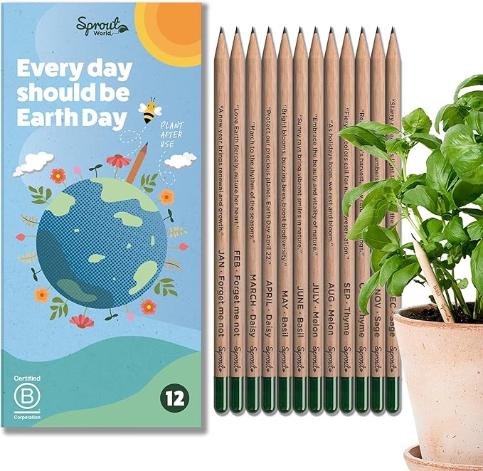 SproutWorld Wood-Cased Pencils | EVERYDAY EARTH | HB Pre-Sharpened Graphite Plantable Wooden Pencils with Flower, Herb & Vegetable Seeds |Gift Ideal for Drawing, Sketching & Shading | 12 Pack