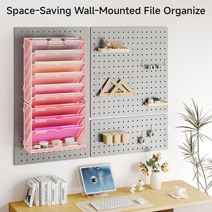 Lavatino 10-Tier Hanging Wall File Folders Organizer - Pink Metal Mesh Paper Magazine Document Mail Holder File Organizer for Office School Home Wall Mount or Desk Supplies Organization