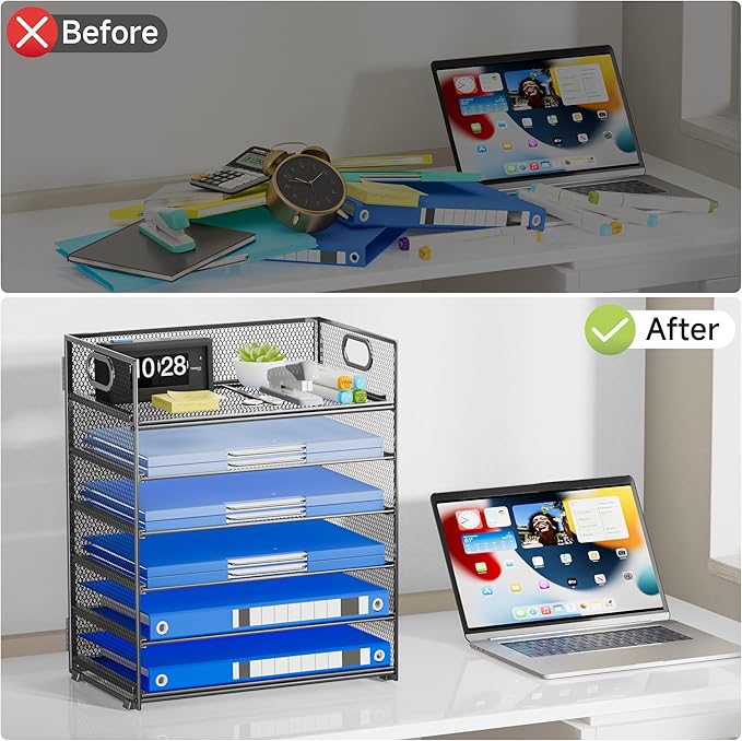 Paper Organizer for Desk File Organizer with Handle Mesh 6 Tier Letter Tray Paper Sorter Desk Organizer for Office Home Supplies-Grey
