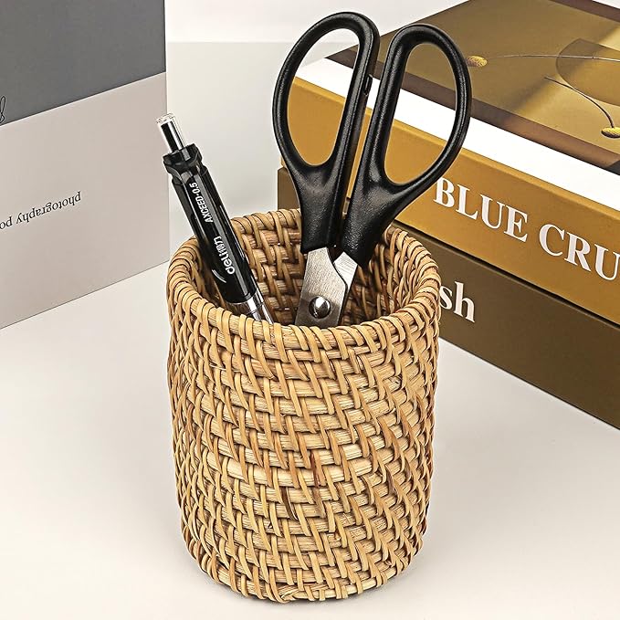 Handmade Rattan Pencil Holder, Pen Holder, Wicker Makeup Brush Holder, Makeup Holder, Pencil Cup, Desk Cup Holder, Toothbrush Cup for Small Items, Office & Home Desktop Organizer (Style B)