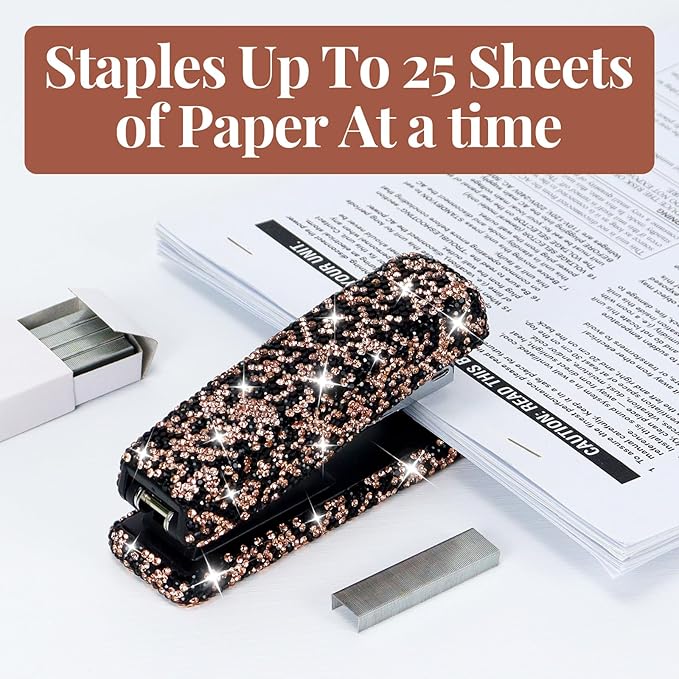Multibey Rhinestone Stapler for Desk- Bling Crystal Desktop Stapler with 2000 Silver Staples, 25 Sheet Capacity, Elegant Office Staplers & Dazzling Desk Accessory for Women Lady (Black Gold)