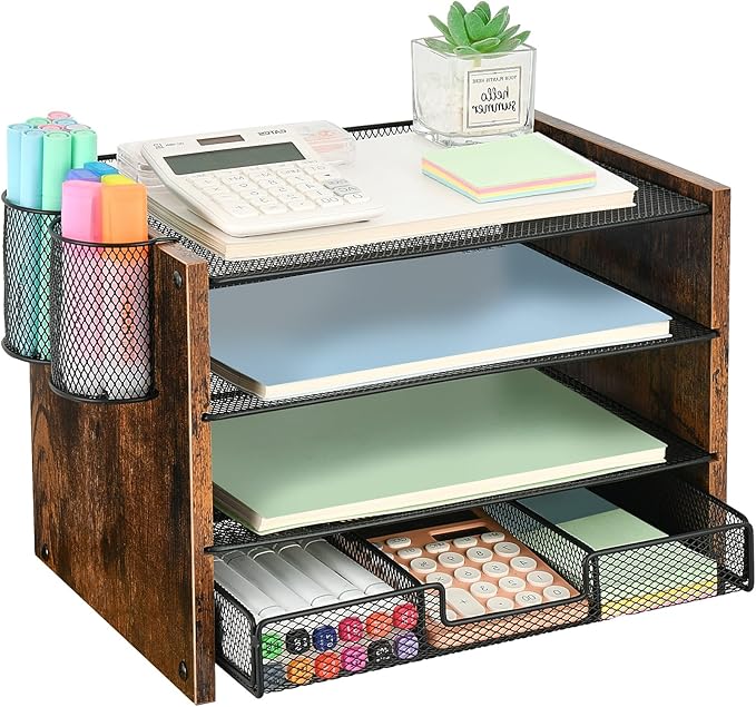 OPNCIE Desk Organizer and Accessories, 4-Tier Paper Letter Tray File Organizer with Drawer & 2 Pen Holder, Office Desk Accessories Workspace Desktop Organizer for Office Supplies(Brown)