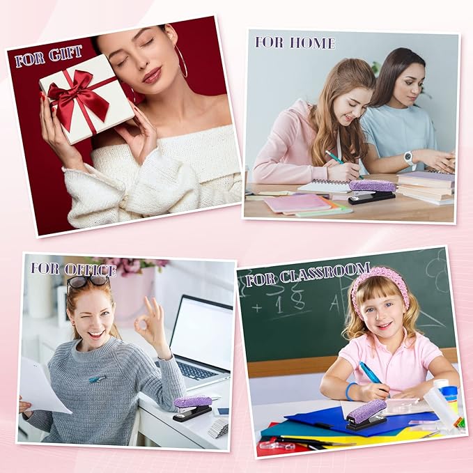 Yexiya Bling Crystal Stapler Gift Sparkly Diamond Stapler for Desk Handmade Clay Rhinestone Machine Pretty Office Stationery Kit Stylish Accessory for Women Lady Christmas(Purple)