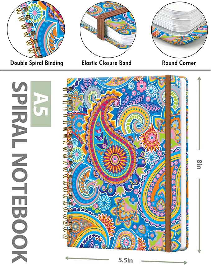 Spiral Journal Notebook for Women, Hardcover A5 College Ruled Notebook, 120 Pages, Thick Paper, Cute Lined Journal for School, Office & Work, 6 x 8.4 in(Colorful Paisley)