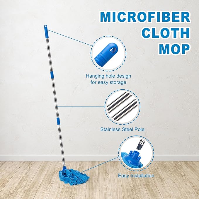 KeFanta Mop, Microfiber Cloth Mops for Floor Cleaning, One Pole with Two Microfiber Cloth Wet Mop Refills, String Mop with 59" Long Handle, Blue (1 Handle & 2 Mop Heads)