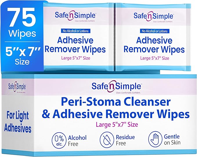 Safe n’ Simple Adhesive Remover for Skin - 75 Individually Wrapped 5"x7" Sting Free Alcohol Free Medical Adhesive Remover Wipes - Gentle Stoma & Ostomy Adhesive Removal Pads for Sensitive Skin