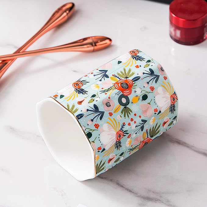 Jwest Pen Holder, Makeup Brush Holder Ceramic Shiny Gold Floral Pattern Pencil Cup for Girls Kids Women Durable Stand Desk Organizer Storage Gift for Office, Classroom, Home Mint Flowers