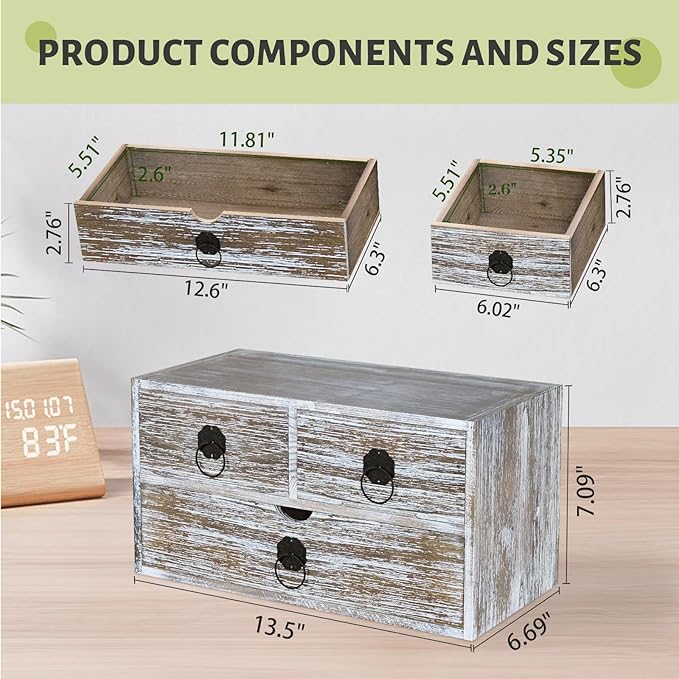 Washed Brown Wood Desk Organizer, Desktop Organizer with Drawers, Mini Tabletop Storage Organization Container for Home Office Supplies, No Assembly Required (3 Drawer)