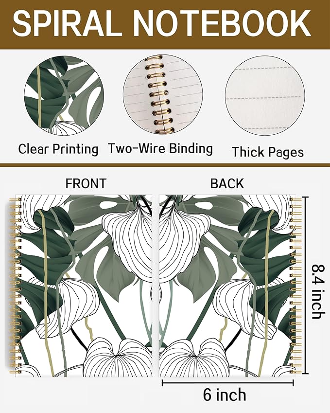 Spiral Notebook A5, Hardcover Journal for Women, 120 Pages Thick College Ruled Paper, Perfect for Office, School, or Home Use(Plants and Vines)