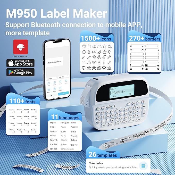 M950 Label Maker Bundle, Label Maker Machine with Tapes 12mm White, Portable Bluetooth Labeler with Backlit-LCD, MZ Tapes 12mm 0.47 White, 3-Pack