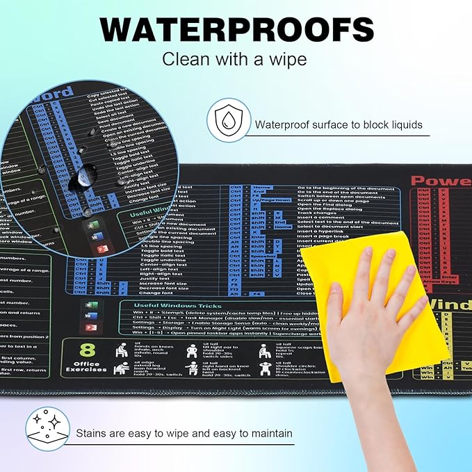 Linoows Office Shortcut Mouse Pad, Extra Large 31.5 x 11.8 Inch Gaming Mouse Mat, PC 200+ Hotkeys Keyboard Mousepad for Excel/Word/PPT/Windows, Waterproof Non-Slip Desk Pad with Stitched Edge