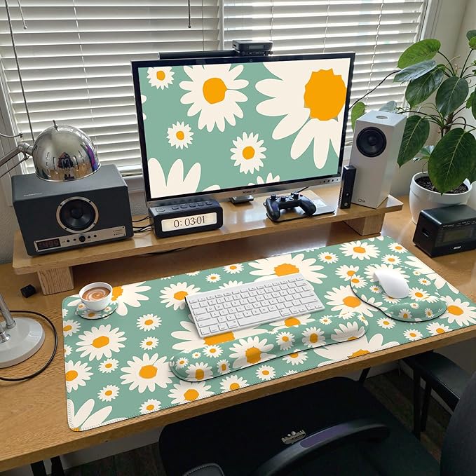 iCasso Desk Cover Mat, 4in1 Floral Large Mouse Pad with Wrist Rest, Desk Matt for Desktop, Anti-Slip XXL Big Computer Ergonomic Mousepad with Wrist Support for Keyboard and Mouse (Daisy)