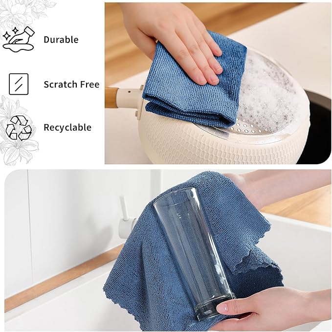 Tigona 80 Pack Microfiber Cleaning Cloth Roll,Lint Free Rags & Tear Away Reusable Towels Washable Scratch,Ultra Absorbent Dish Rags(12" x 12") for Car Kitchen Home Garage-Navy Blue
