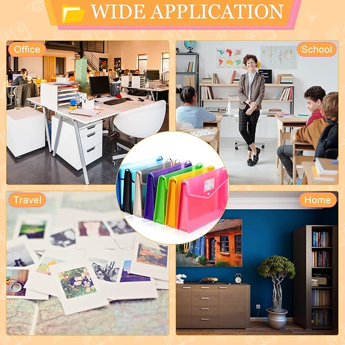 B4 Plastic Expanding File Folders Wallet for School Classroom Envelope File Folder Document Organizer Colorful Receipt Organizer with Snap Closure for Office(Mixed Color,14 Pack)