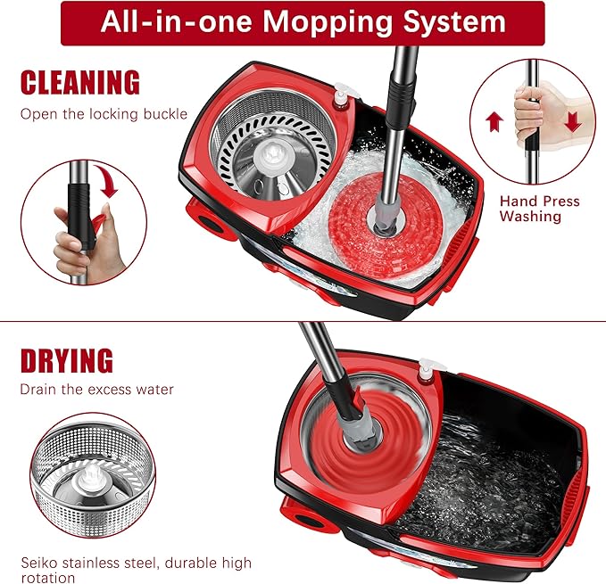 FunClean Spin Mop and Bucket,Mop and Bucket with Wringer Set for Home,360 Spinning Mopping Floor Cleaning Tool with 4 Microfiber Replacement Head Refills,61" Extended Handle, 2X Wheel - Black