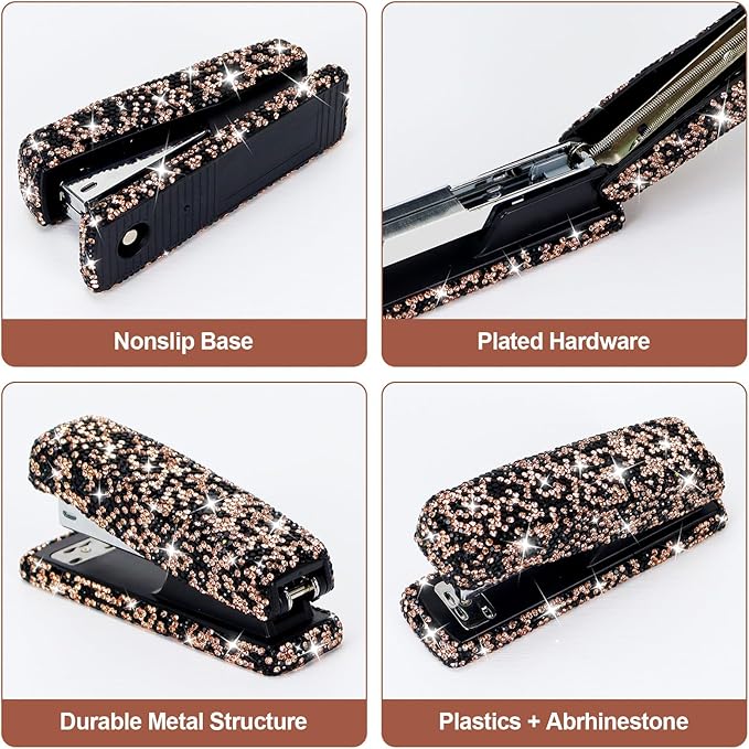 Multibey Rhinestone Stapler for Desk- Bling Crystal Desktop Stapler with 2000 Silver Staples, 25 Sheet Capacity, Elegant Office Staplers & Dazzling Desk Accessory for Women Lady (Black Gold)