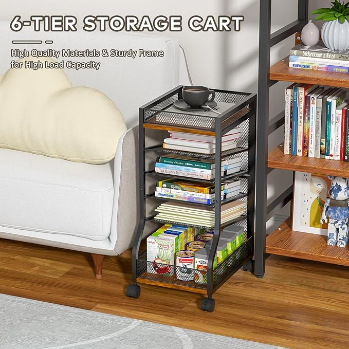 keomaisyto 6-Tier Standing File Organizer for Office Organization, Under Desk File Holder with Sliding Mesh Paper Letter Trays, Slim Rolling File Cart with Wheels for Home/Office/Study