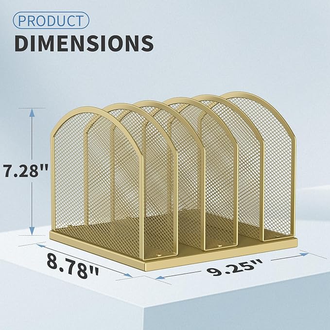 5-Section Vertical Desktop Organizer, 5-Section Mesh File Folder Stand Sorter for Office Home Classroom Organization (1, Gold)