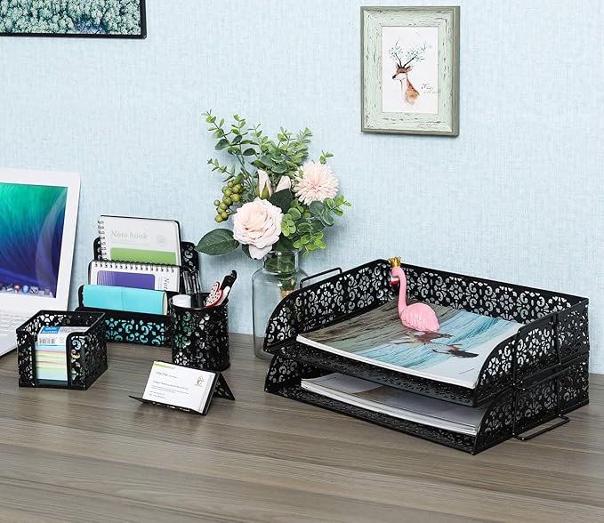 EasyPAG 5-Piece Desk Organizer Set with Carved Floral Design - No Assembly Stackable 2-Tier File Tray, Letter Sorter, Pen & Card Holders for Office/Home/Dorm, Black