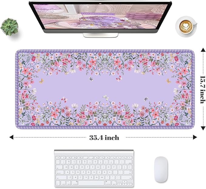 HAOCOO Purple Desk Mat for Keyboard and Mouse, Floral Keyboard Mat with Edge Stitching, Non-Slip Large Mouse Pad for Desk for Gaming,Women Office