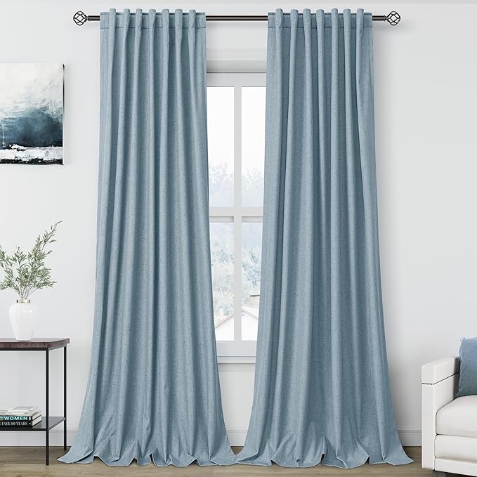 Blue Blackout Curtains 96 Inches Long for Bedroom Linen Blend Back Tab Darkening Drapes for Living Room Elegant Modern Style Black Out Curtains 2 Panels Sound Proof Curtain for Window 52X96