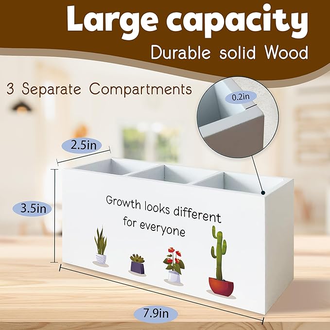 Growth Looks Different for Everyone Inspirational Mental Health Pen Holder for Desk, Motivational Plant Wooden Pen Pencil Holder Organizer for Therapist Counselor Office Desk Accessories
