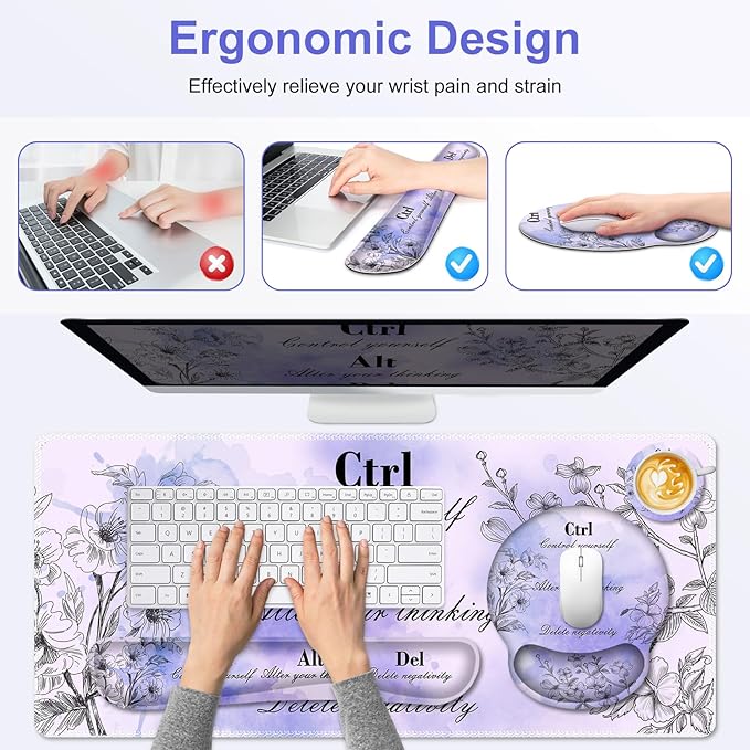 Mouse Pad, 4 in1 Large Desk Mat, Desk Pad Matt for Desktop, Anti-Slip XXL Big Computer Ergonomic Mousepad with Wrist Support for Keyboard and Mouse for Women I Purple Positive Quotes