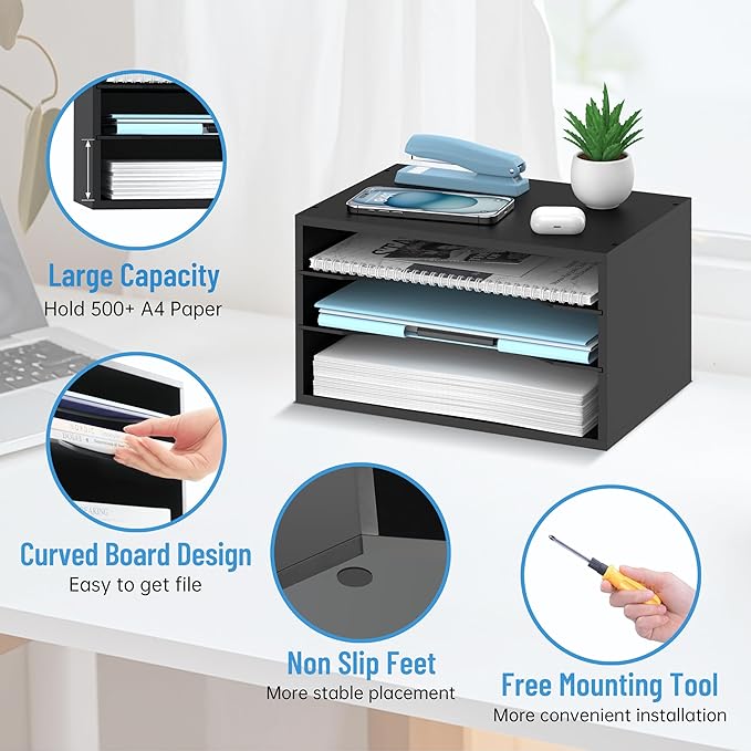 Wood Desk Organizer, 3 Tier Paper Tray Organizer for Desk with Adjustable Storage Shelves, Desktop Paper Sorter Mail Holder for Office Home Classroom, Black