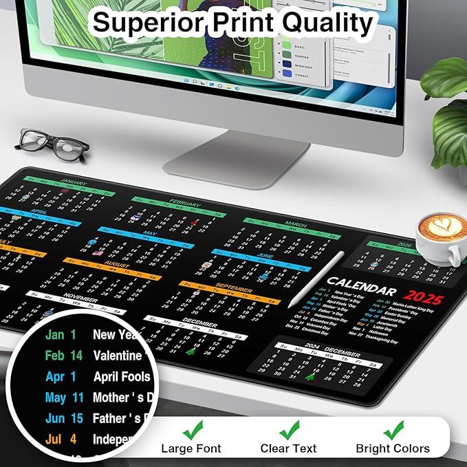 Mouse Pad, Non-Slip 2025 Calendar Desk Pad Protector, Extended Gaming Computer Keyboard Mouse Mat Desk Pad for Laptop with Stitched Edges 35.4×15.7in, Desk Writing Pad for Office and Home