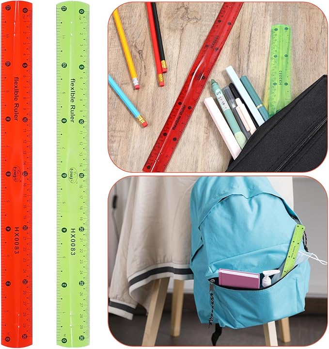 2 Pcs Flexible Ruler Set, 12 Inch Plastic Ruler Red and Green Bendable Measuring Tool for Office Home Drafting Tools