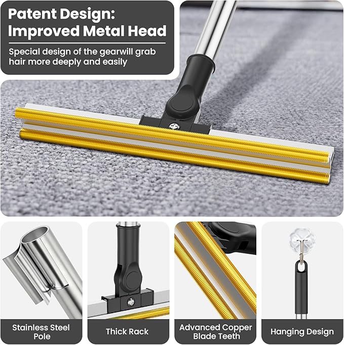 Bolfie 3 in 1 Carpet Rake for Pet Hair Removal, Tool Set of 3, 55” Long Handle Carpet Pet Hair Removal Carpet Scraper Dog Cat Hair Remover for Sofa, Couch, Car, Rug (Black)